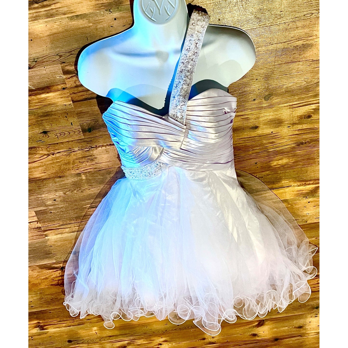 One-Shoulder White Satin & Tulle Dress With Beaded Strap And Bodice SZ S