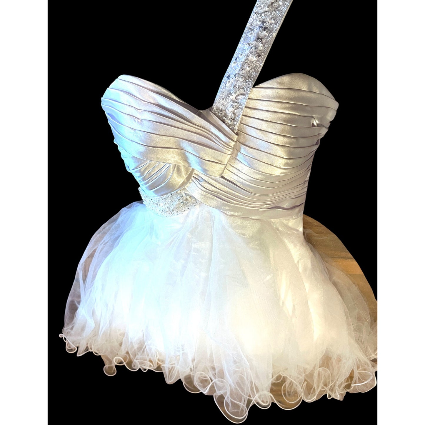 One-Shoulder White Satin & Tulle Dress With Beaded Strap And Bodice SZ S