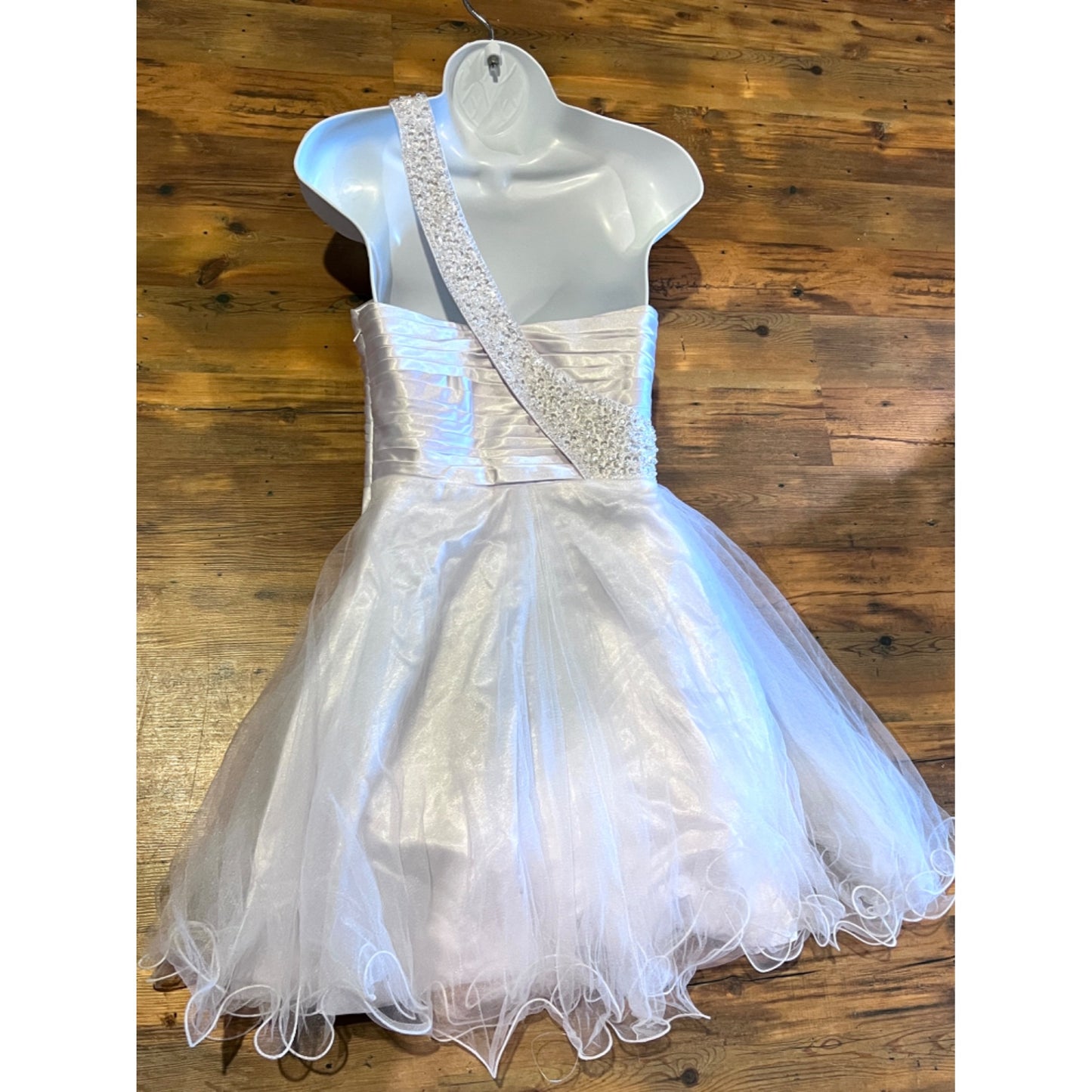 One-Shoulder White Satin & Tulle Dress With Beaded Strap And Bodice SZ S