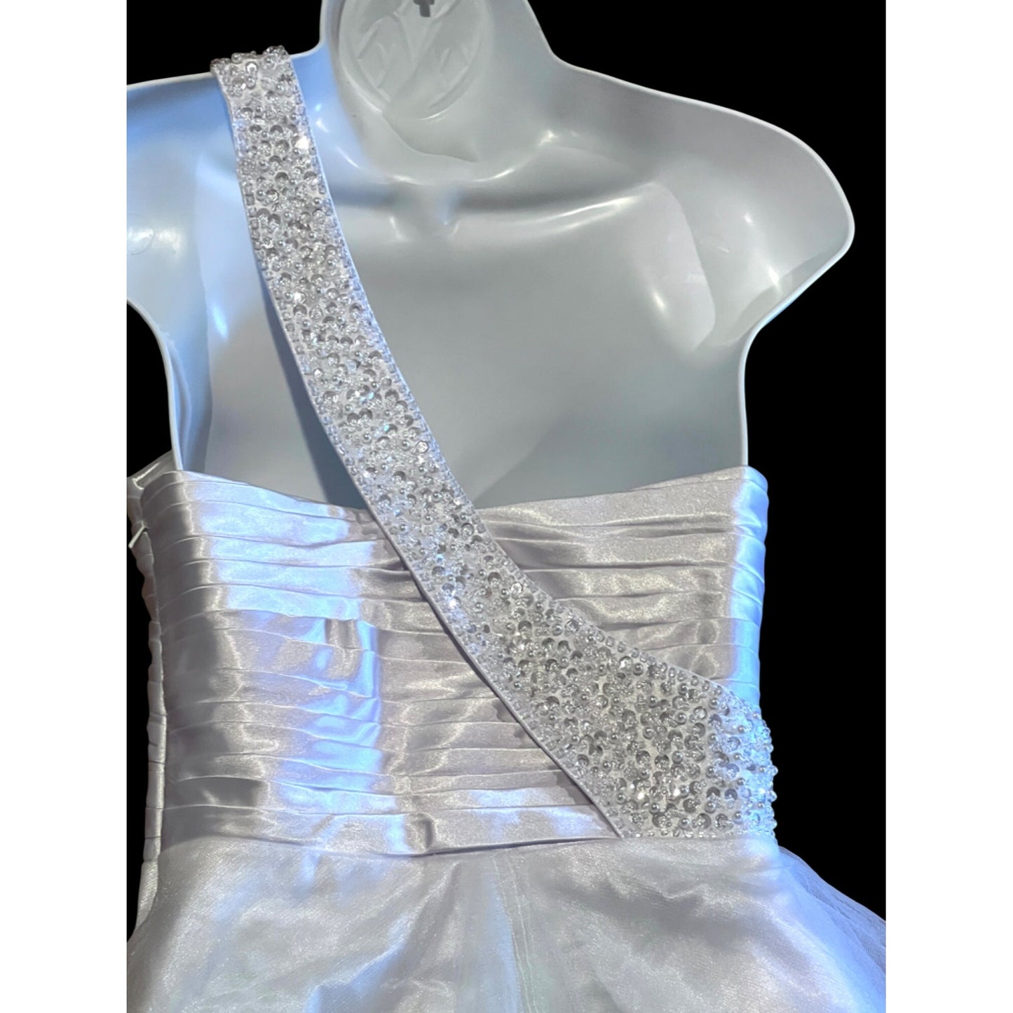 One-Shoulder White Satin & Tulle Dress With Beaded Strap And Bodice SZ S