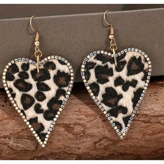 Leopard Print Heart-Shaped Dangle Earrings With Rhinestone Border NEW