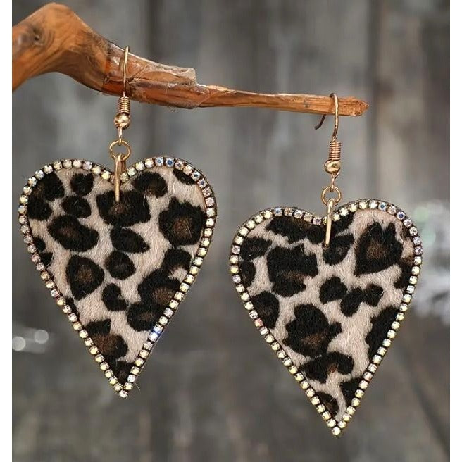 Leopard Print Heart-Shaped Dangle Earrings With Rhinestone Border NEW