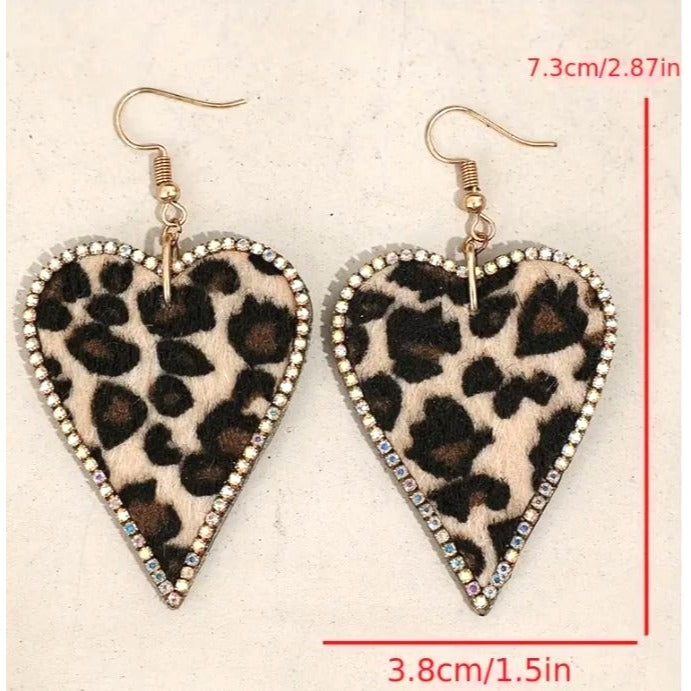 Leopard Print Heart-Shaped Dangle Earrings With Rhinestone Border NEW