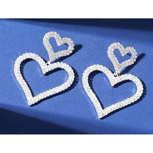 Double Open Heart Statement Earrings With Rhinestone Detailing