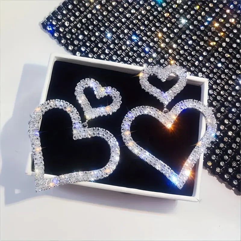 Double Open Heart Statement Earrings With Rhinestone Detailing