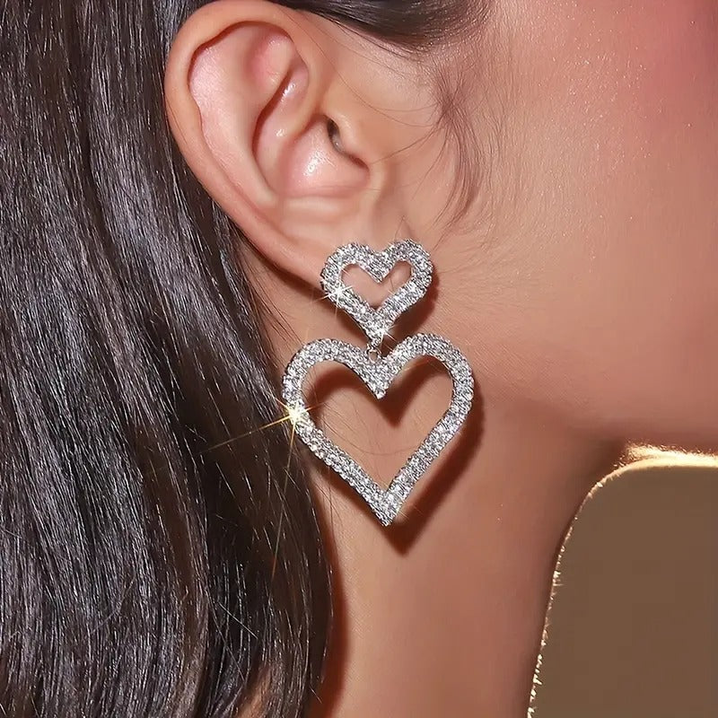 Double Open Heart Statement Earrings With Rhinestone Detailing