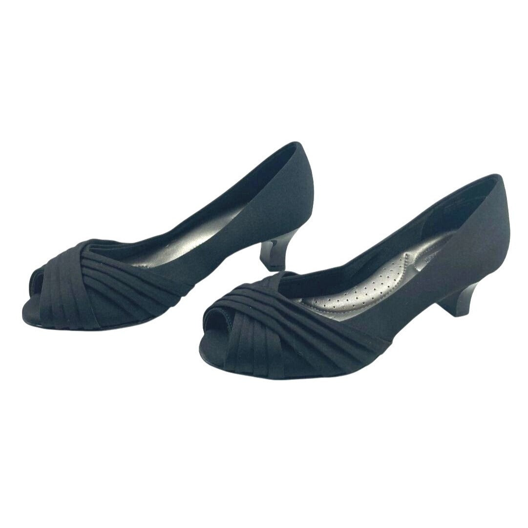Coach And Four Black Pleated Fabric Peep-Toe Kitten Heels Size 7.5