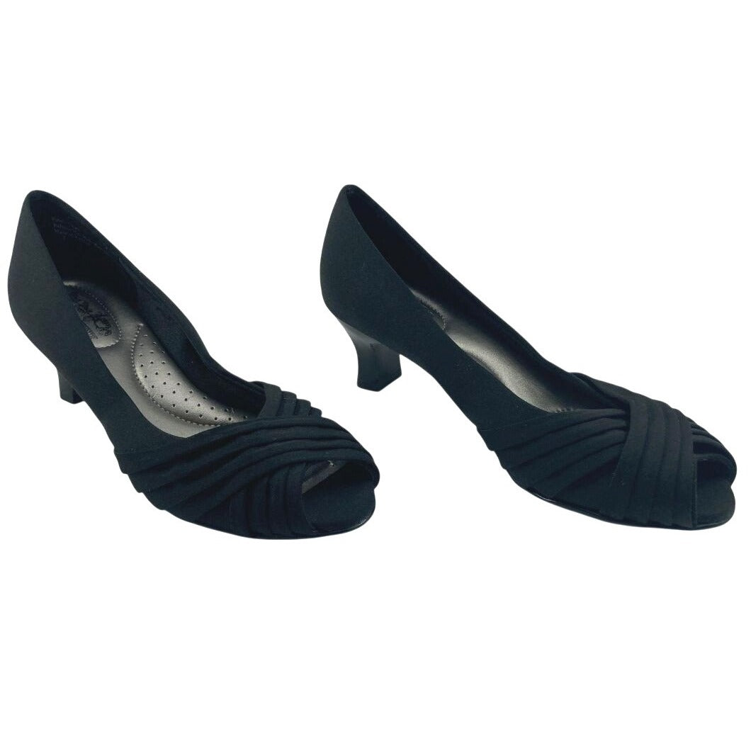 Coach And Four Black Pleated Fabric Peep-Toe Kitten Heels Size 7.5