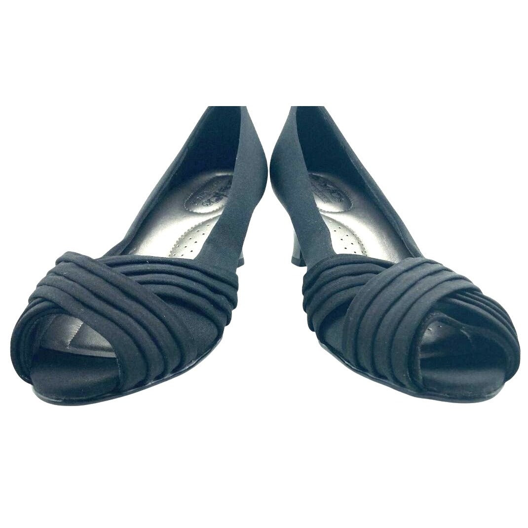 Coach And Four Black Pleated Fabric Peep-Toe Kitten Heels Size 7.5
