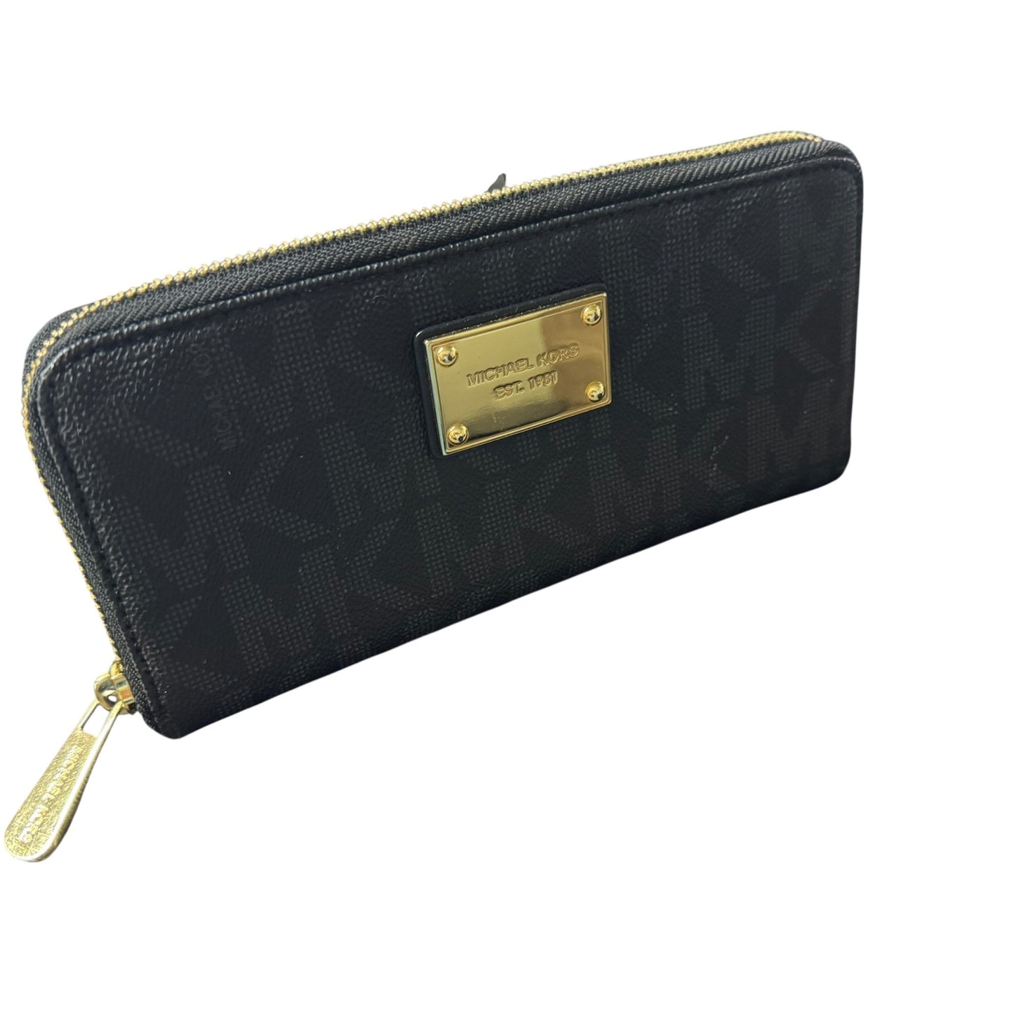 Michael Kors Jet Set Zip-Around Wallet Black Logo Pattern Gold Hardware