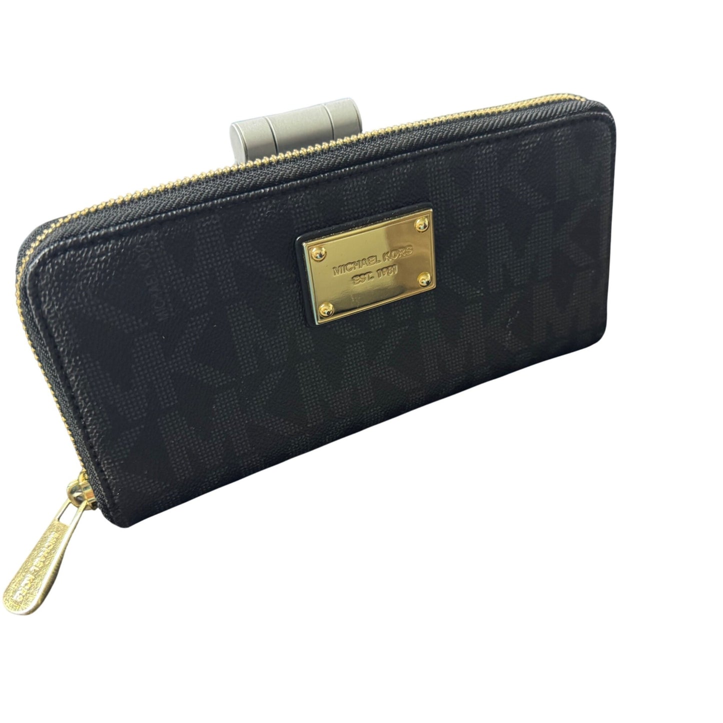 Michael Kors Jet Set Zip-Around Wallet Black Logo Pattern Gold Hardware