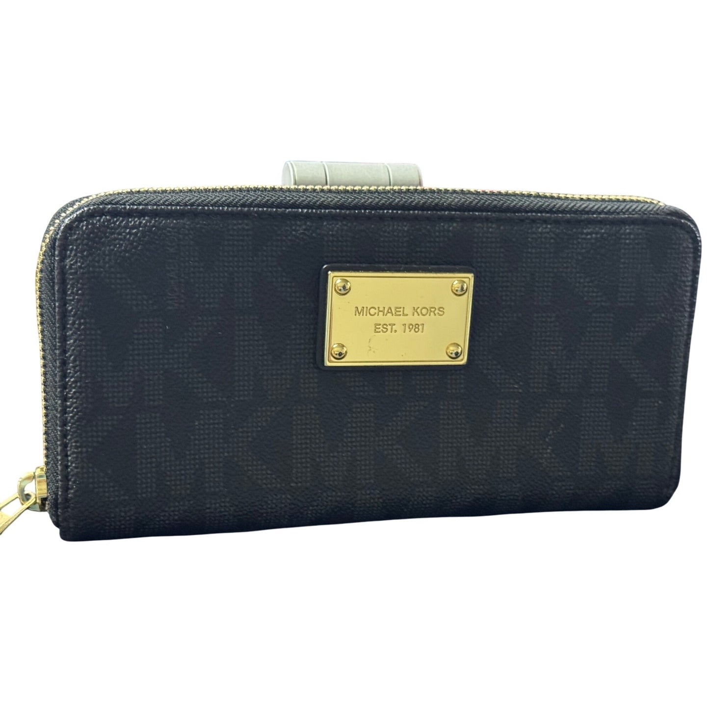 Michael Kors Jet Set Zip-Around Wallet Black Logo Pattern Gold Hardware