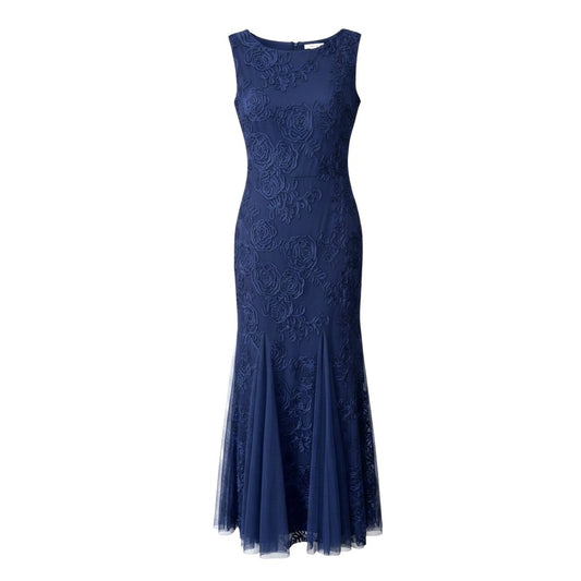 Navy Sleeveless Onyx Nite Embroidered Mesh Evening Gown Size 4 NWT