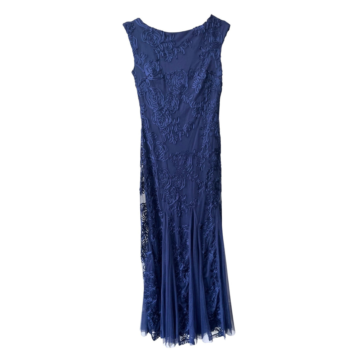 Navy Sleeveless Onyx Nite Embroidered Mesh Evening Gown Size 4 NWT