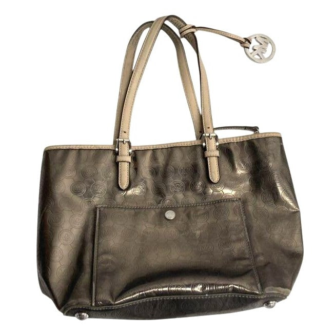 Michael Kors Metallic Bronze Signature Logo Tote Bag With Beige Handles & Charm Spacious Interior Multiple Pockets