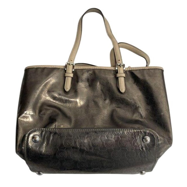 Michael Kors Metallic Bronze Signature Logo Tote Bag With Beige Handles & Charm Spacious Interior Multiple Pockets