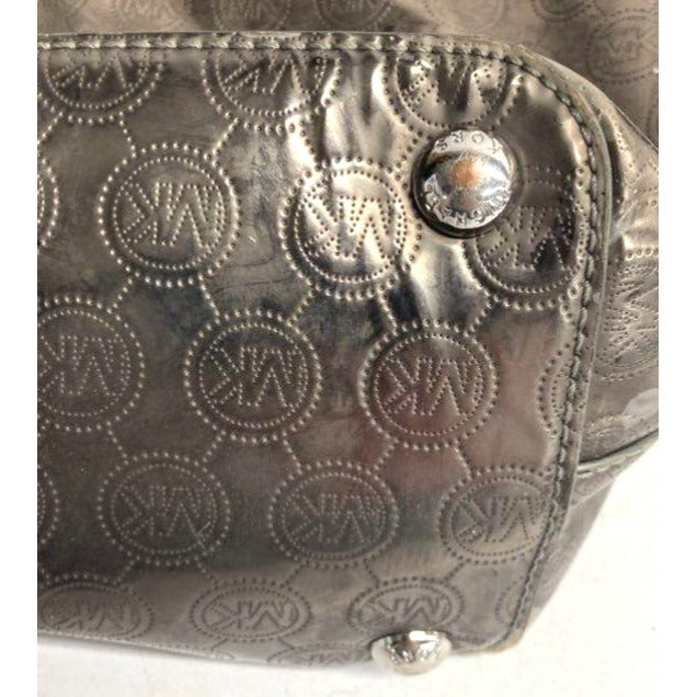 Michael Kors Metallic Bronze Signature Logo Tote Bag With Beige Handles & Charm Spacious Interior Multiple Pockets