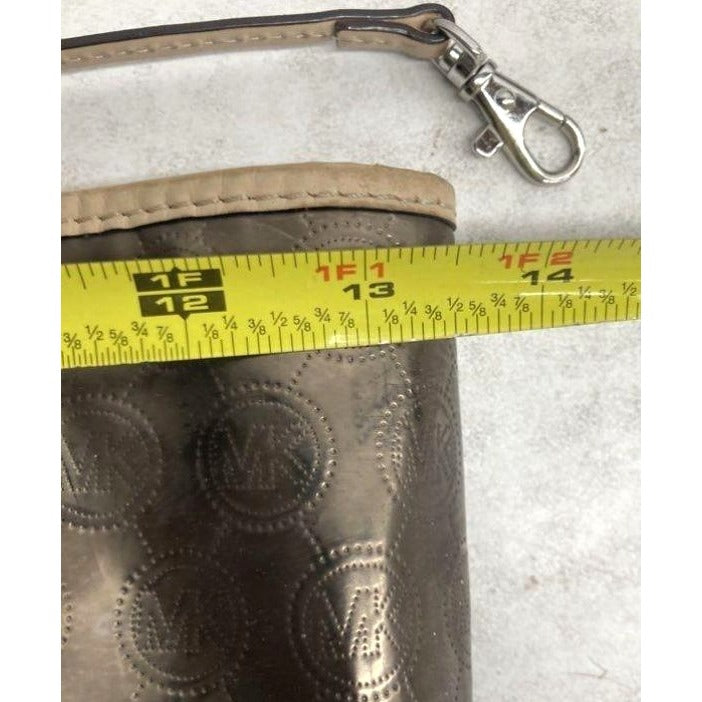 Michael Kors Metallic Bronze Signature Logo Tote Bag With Beige Handles & Charm Spacious Interior Multiple Pockets