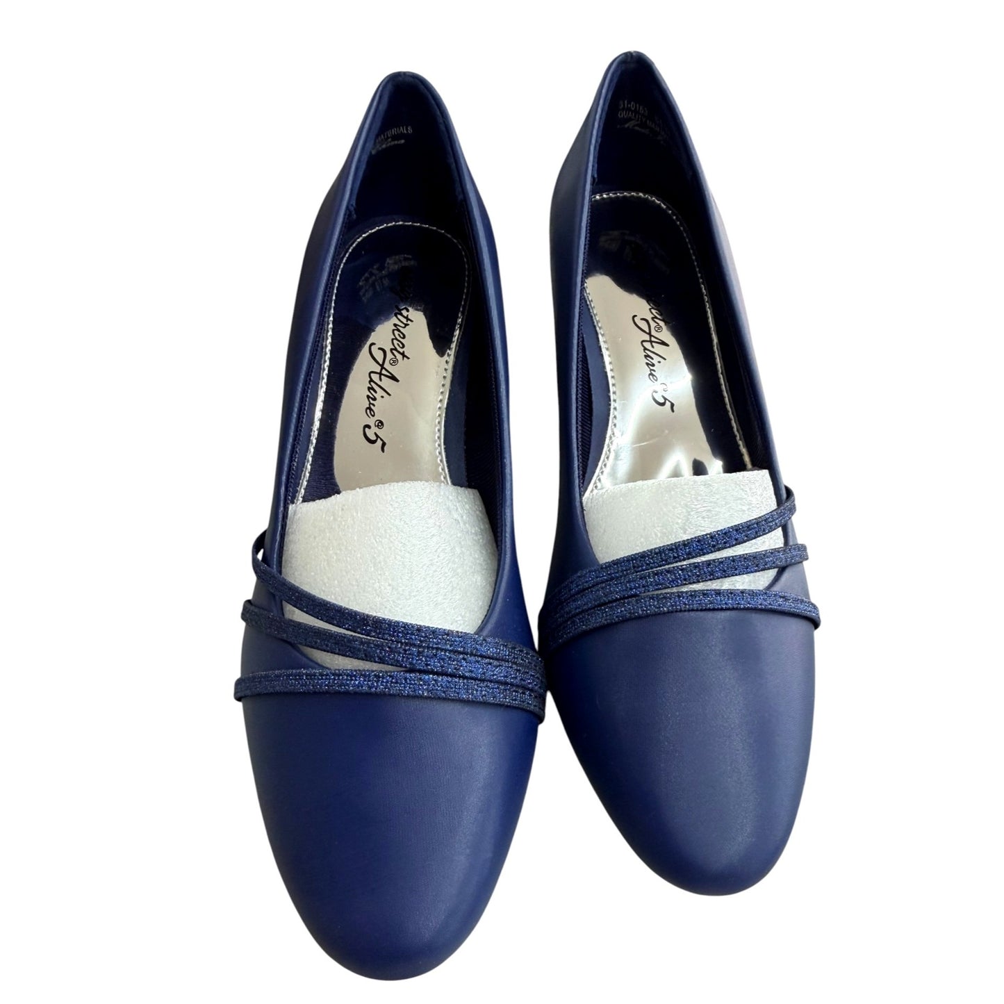 Easy Street Navy Blue Heels With Glitter Straps Size 7.5 Dance Flex Sole NWOB