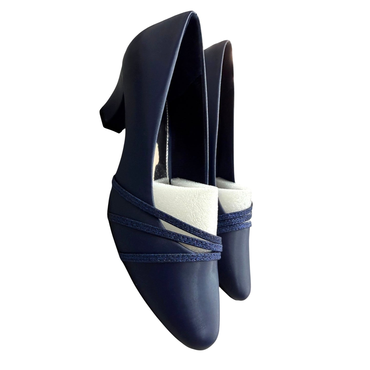 Easy Street Navy Blue Heels With Glitter Straps Size 7.5 Dance Flex Sole NWOB