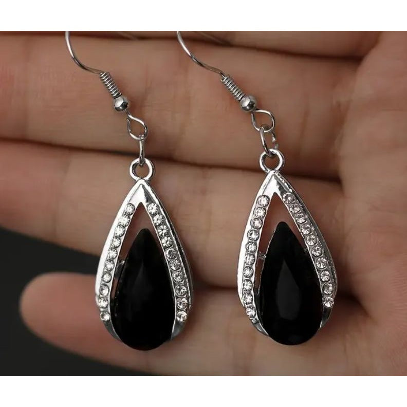 Elegant Teardrop Black Stone & Rhinestone Drop Dangle Earrings Womens Jewelry Silver-Tone Lightweight Design For Everyday Or Evening Wear