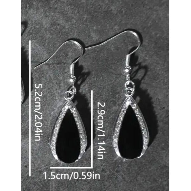 Elegant Teardrop Black Stone & Rhinestone Drop Dangle Earrings Womens Jewelry Silver-Tone Lightweight Design For Everyday Or Evening Wear