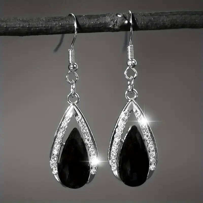 Elegant Teardrop Black Stone & Rhinestone Drop Dangle Earrings Womens Jewelry Silver-Tone Lightweight Design For Everyday Or Evening Wear