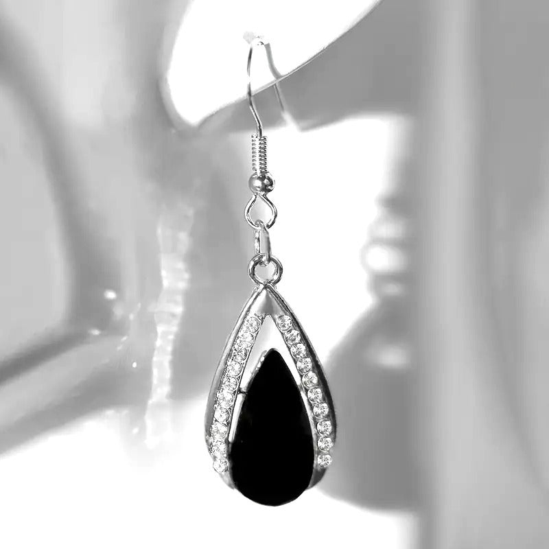 Elegant Teardrop Black Stone & Rhinestone Drop Dangle Earrings Womens Jewelry Silver-Tone Lightweight Design For Everyday Or Evening Wear