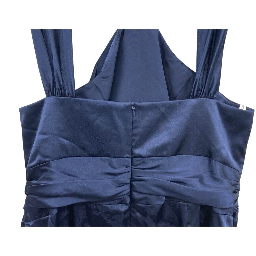 Davids Bridal Navy Satin Halter Dress With Ruched Waist - Size 16 NWT
