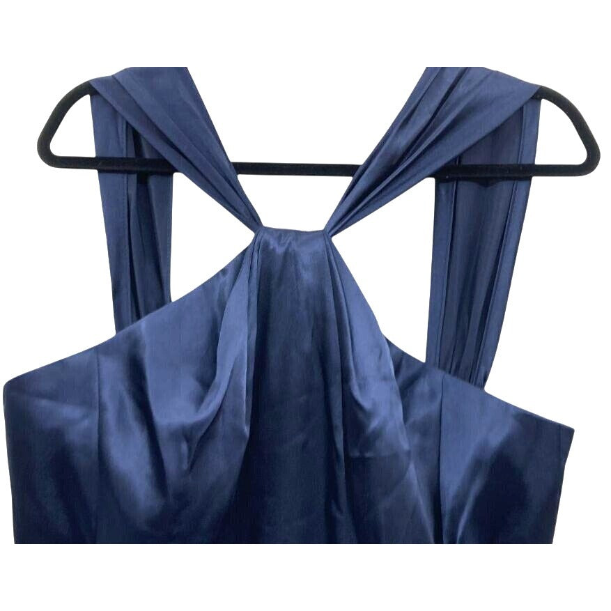 Davids Bridal Navy Satin Halter Dress With Ruched Waist - Size 16 NWT