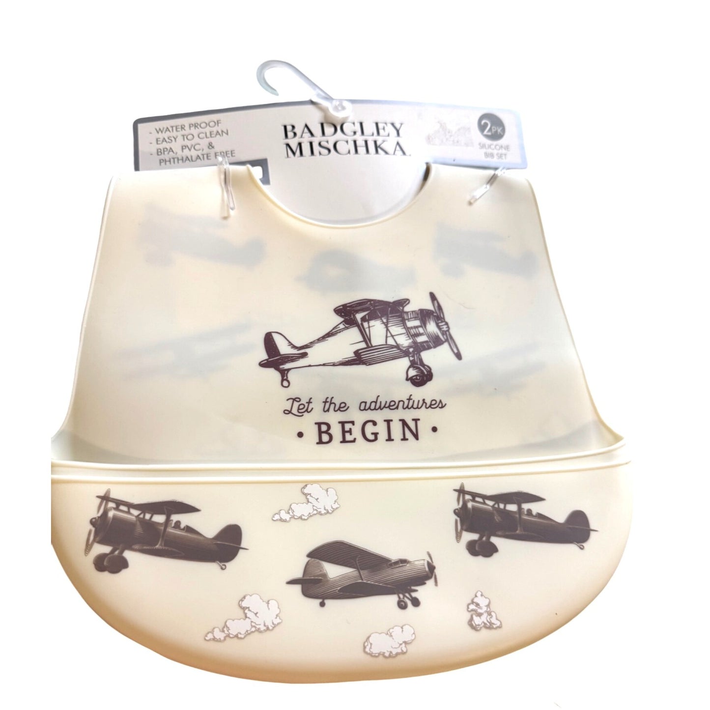 (2) Badgley Mischka Waterproof Silicone Baby Bibs W/ Aeroplane Design BPA-Free Easy Clean