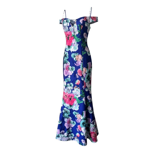 My Michelle Blue Floral Off Shoulder Mermaid Evening Gown Dress Size 9