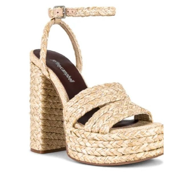 Jeffrey Campbell Yawl Platform Heeled Sandal in Natural Raffia Size 9