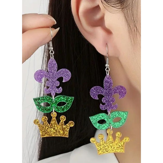 Mardi Gras Themed Glitter Earrings With Fleur-De-Lis Mask & Crown Charms NEW