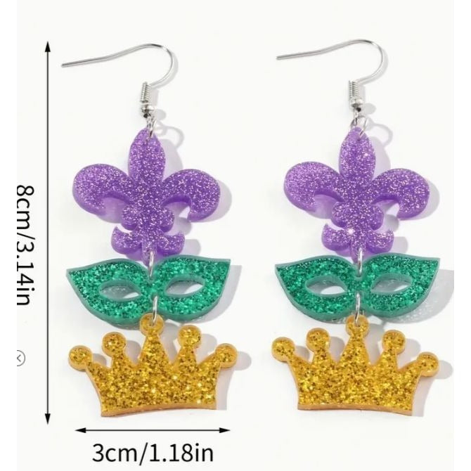 Mardi Gras Themed Glitter Earrings With Fleur-De-Lis Mask & Crown Charms NEW