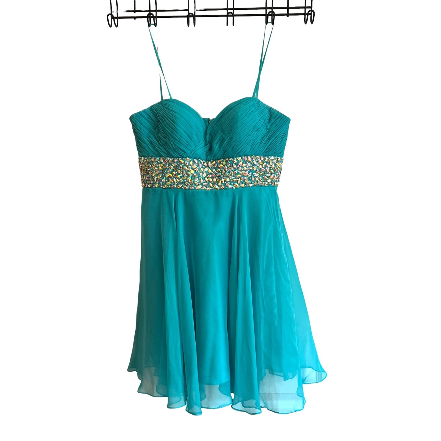 Teal Chiffon Party Dress With Beaded Waist & Spaghetti Straps By Dave & Johnny Size 5/6