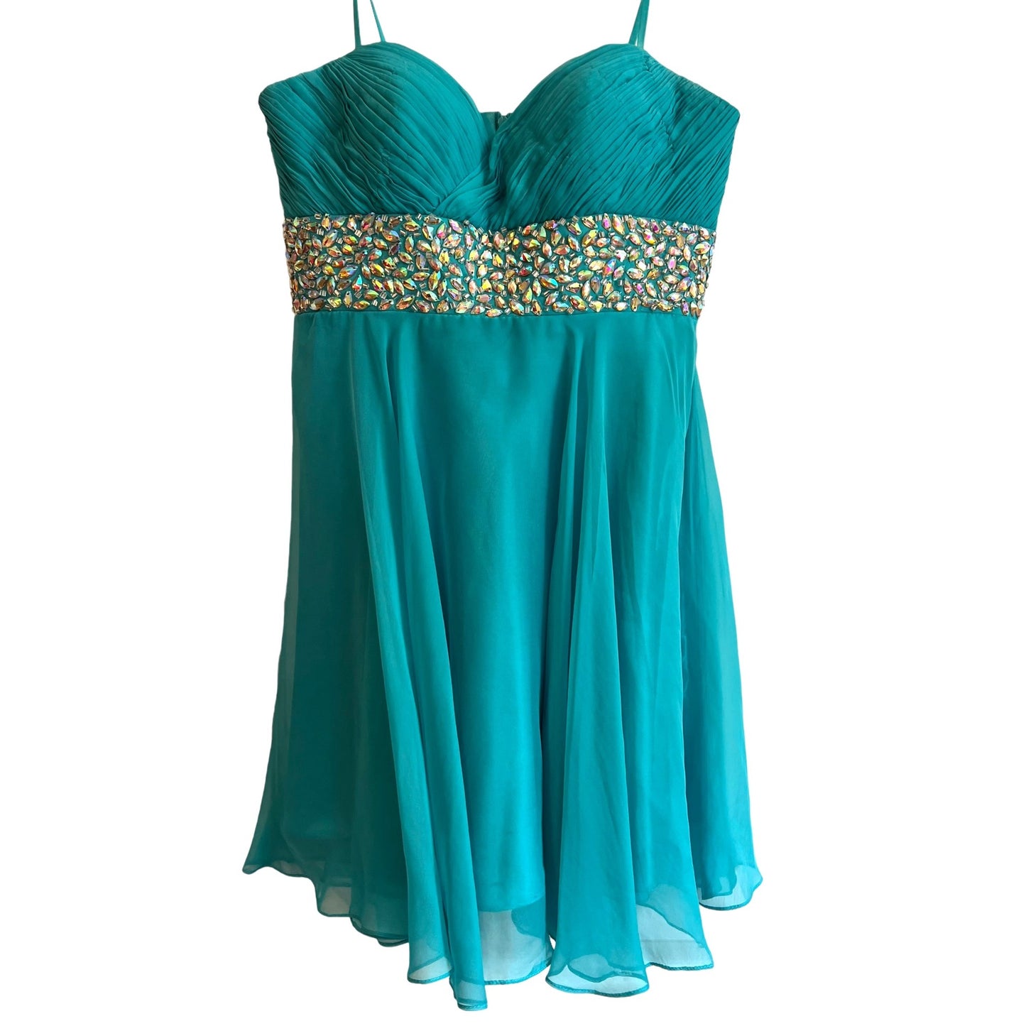 Teal Chiffon Party Dress With Beaded Waist & Spaghetti Straps By Dave & Johnny Size 5/6
