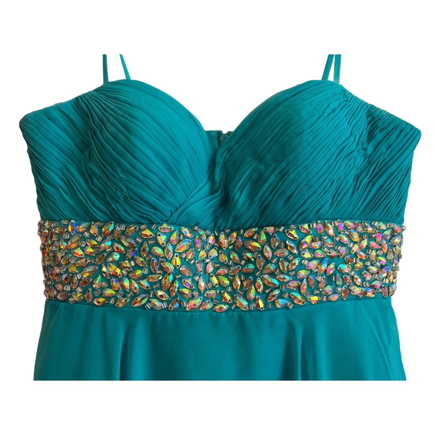 Teal Chiffon Party Dress With Beaded Waist & Spaghetti Straps By Dave & Johnny Size 5/6