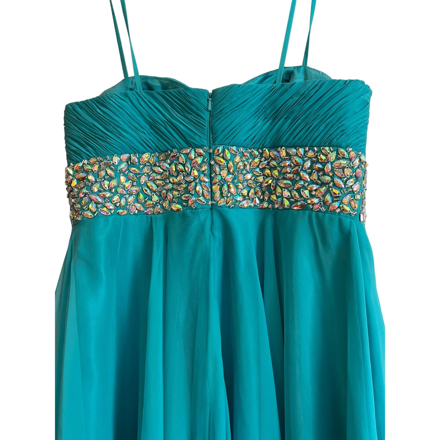 Teal Chiffon Party Dress With Beaded Waist & Spaghetti Straps By Dave & Johnny Size 5/6