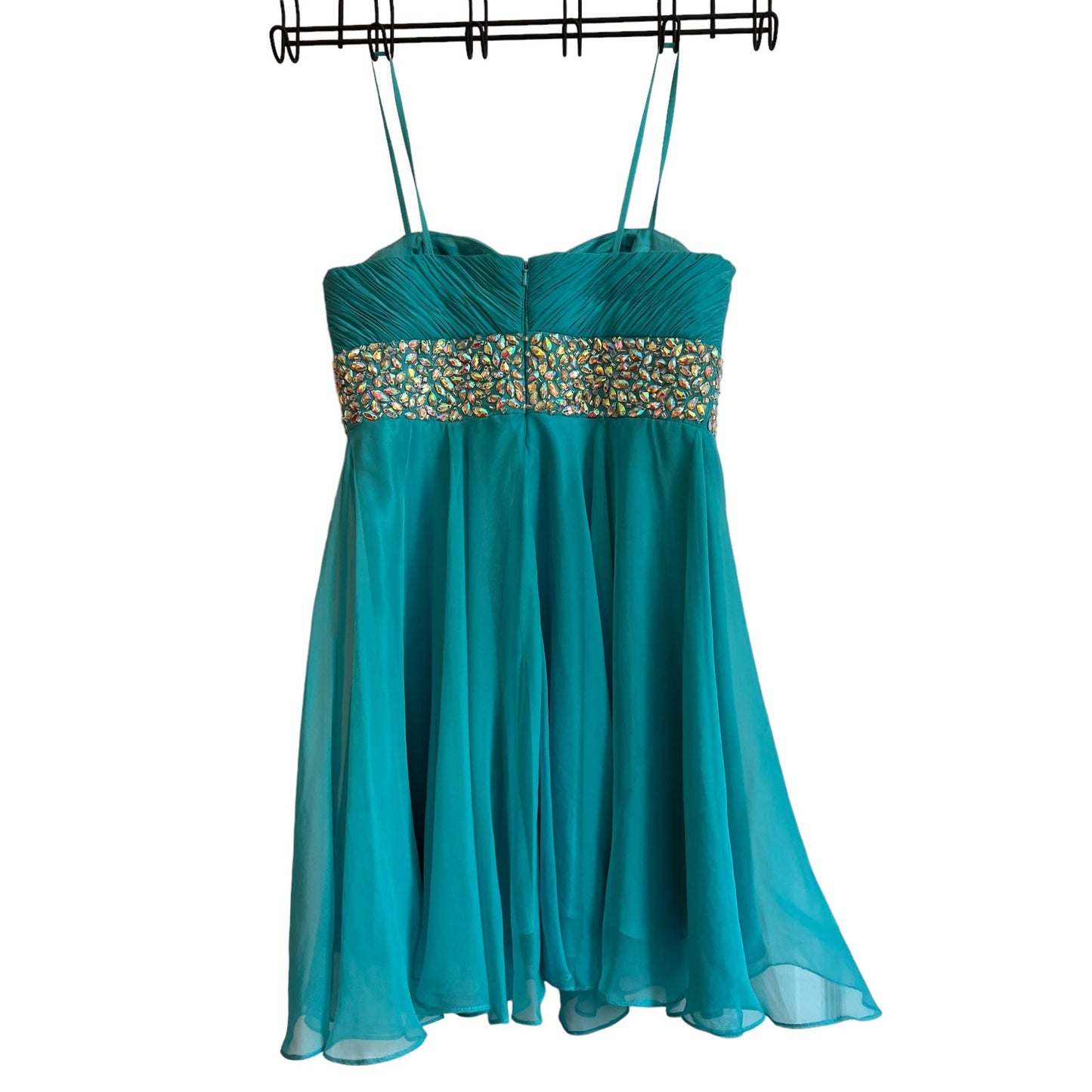 Teal Chiffon Party Dress With Beaded Waist & Spaghetti Straps By Dave & Johnny Size 5/6