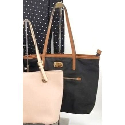 Michael Kors Black & Tan Nylon Tote Bag With Leather Straps & Front Zipper Pocket