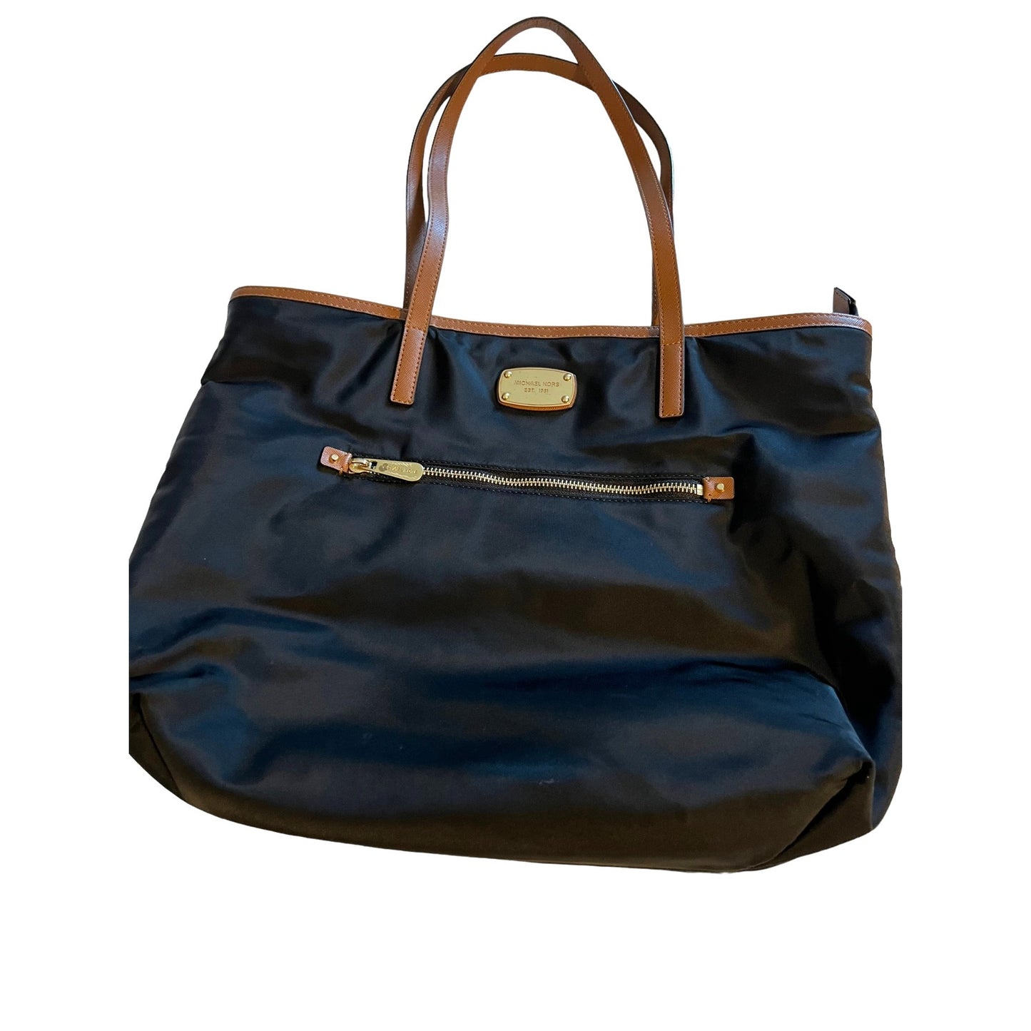 Michael Kors Black & Tan Nylon Tote Bag With Leather Straps & Front Zipper Pocket