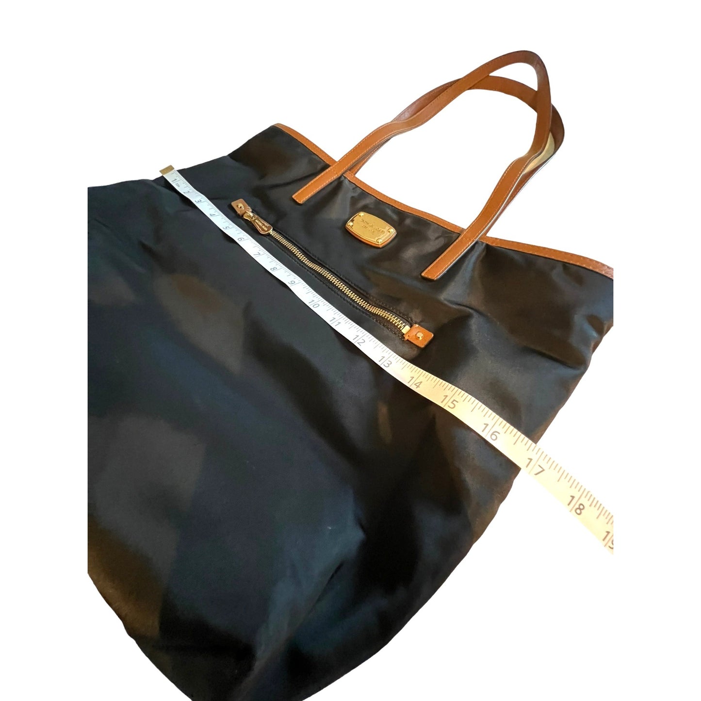 Michael Kors Black & Tan Nylon Tote Bag With Leather Straps & Front Zipper Pocket
