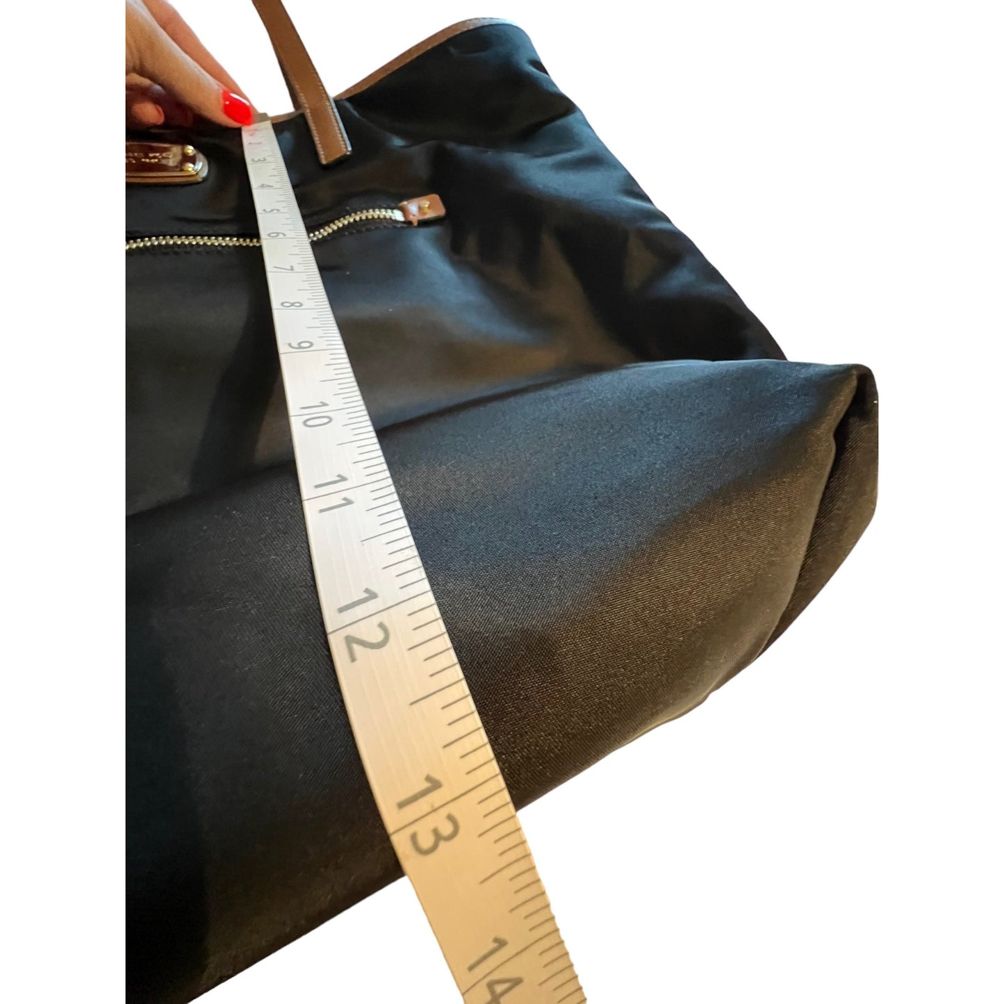 Michael Kors Black & Tan Nylon Tote Bag With Leather Straps & Front Zipper Pocket