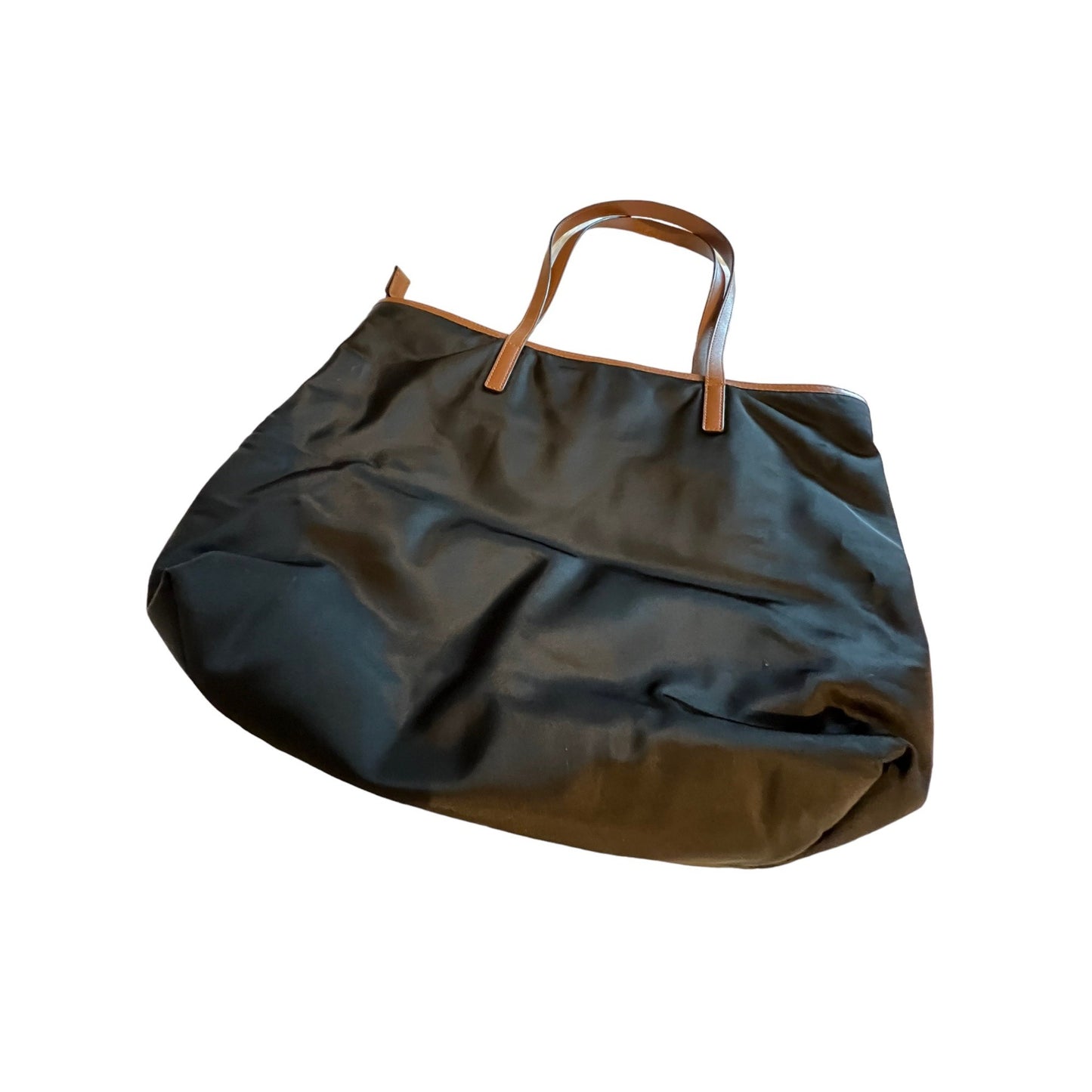 Michael Kors Black & Tan Nylon Tote Bag With Leather Straps & Front Zipper Pocket