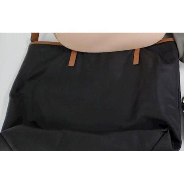 Michael Kors Black & Tan Nylon Tote Bag With Leather Straps & Front Zipper Pocket