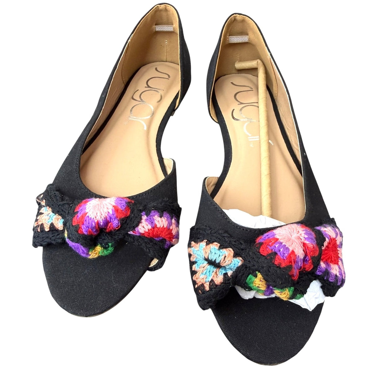 Sugar Women's Black Flats With Multicolor Crochet Bow Detail Size 9M