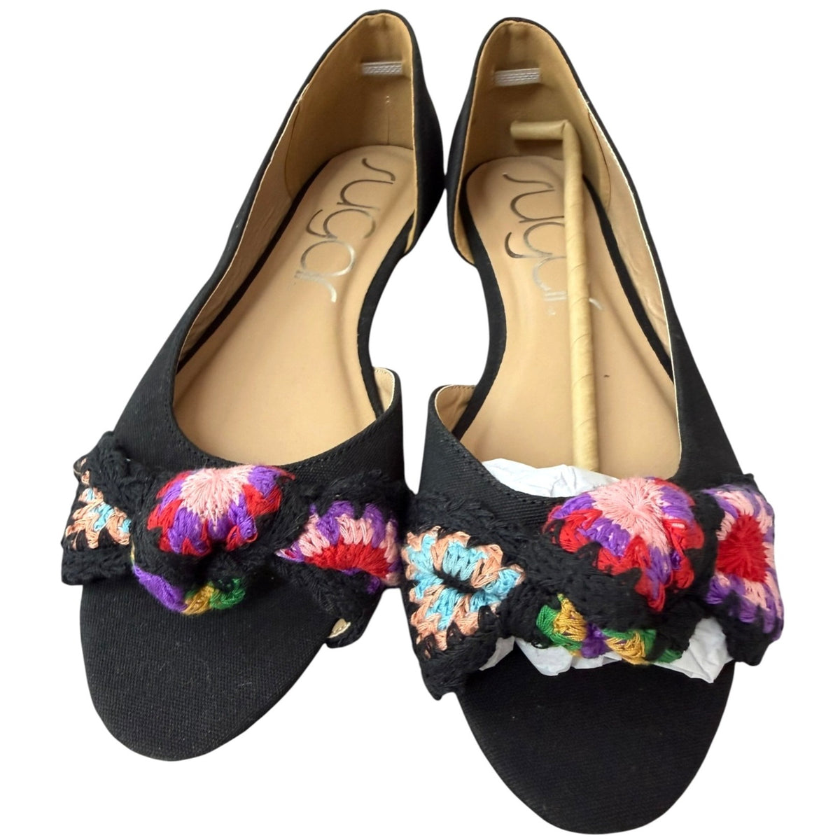 Sugar Women's Black Flats With Multicolor Crochet Bow Detail Size 9M