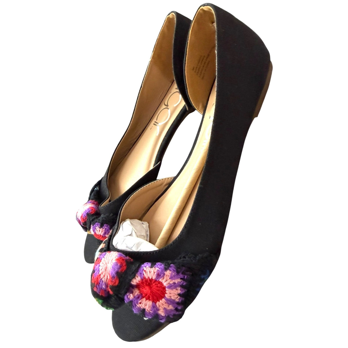 Sugar Women's Black Flats With Multicolor Crochet Bow Detail Size 9M