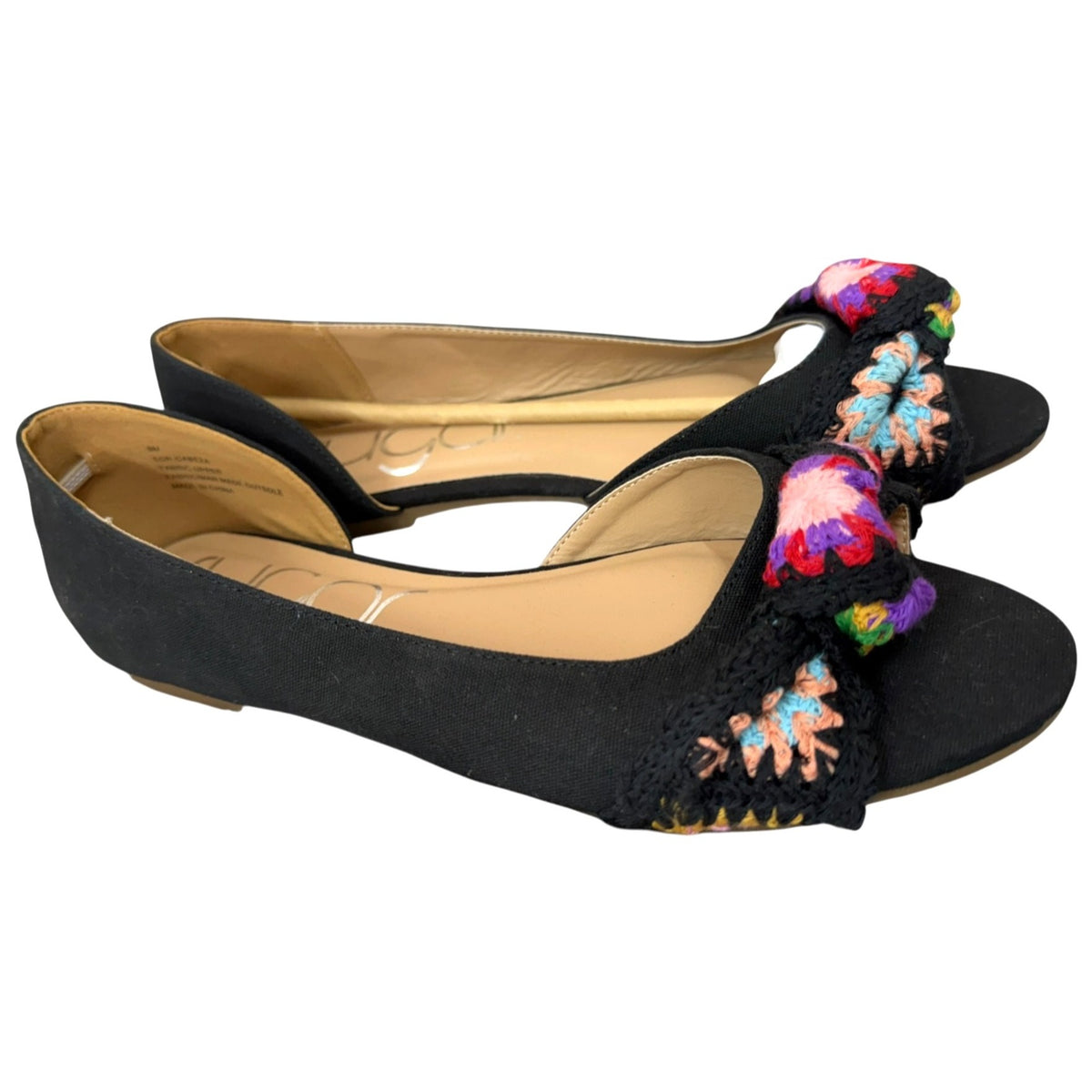 Sugar Women's Black Flats With Multicolor Crochet Bow Detail Size 9M
